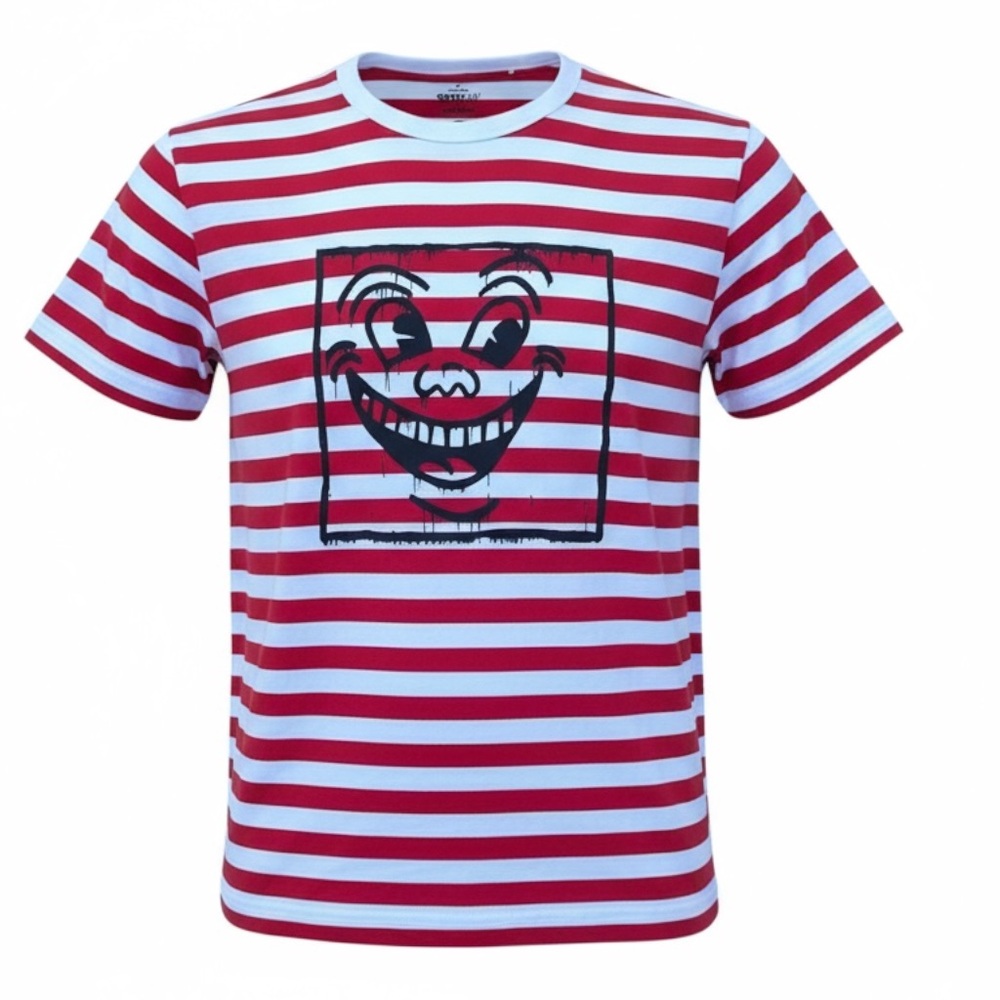 🎨 Keith‎ Haring x Uniqlo SPRZ NY Striped Tee 👕 Red White Art Face Print